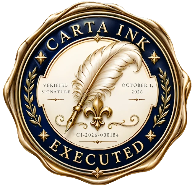 The Carta Seal, a blue and gold wax seal reading Carta Ink Executed