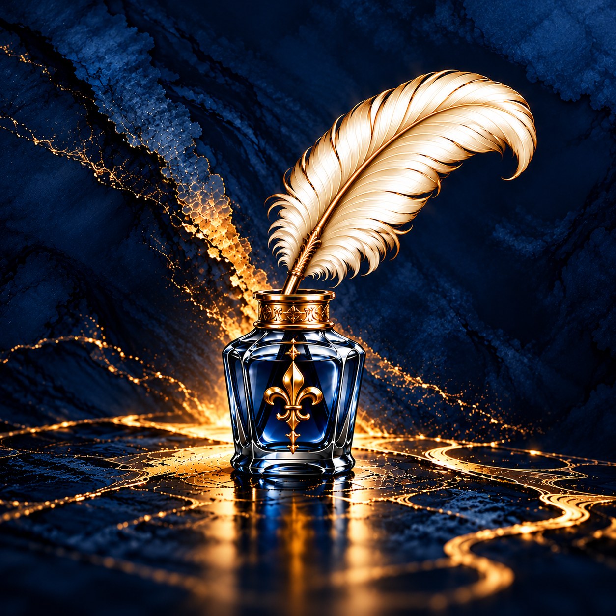 A blue glass inkwell with a gold fleur-de-lis and a white feather quill, on dark blue marble with flowing gold