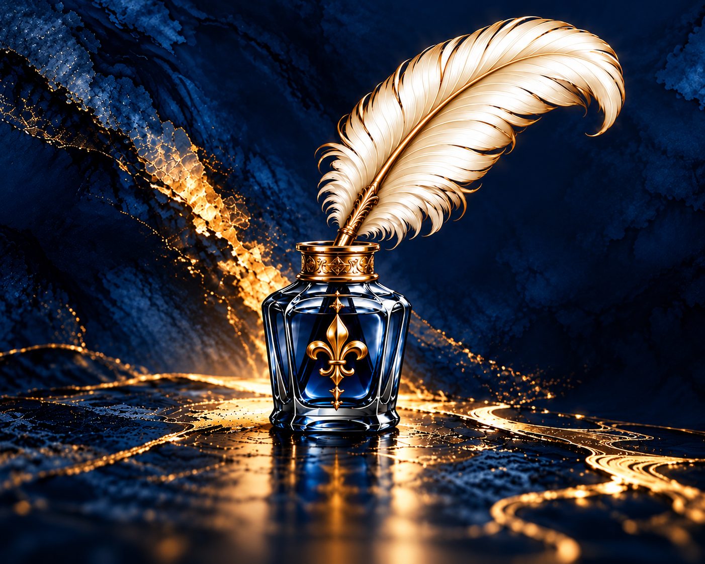 A sapphire blue inkwell with a gold collar and a white quill on dark blue marble